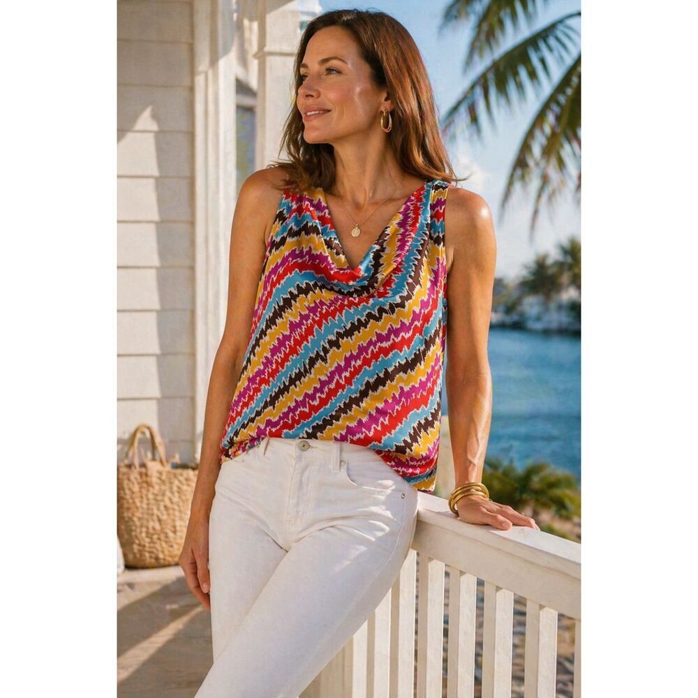 Trina Turk Fiesta Palma Silk Cowl Neck Tank Colorful Drape Sleeveless Blouse S